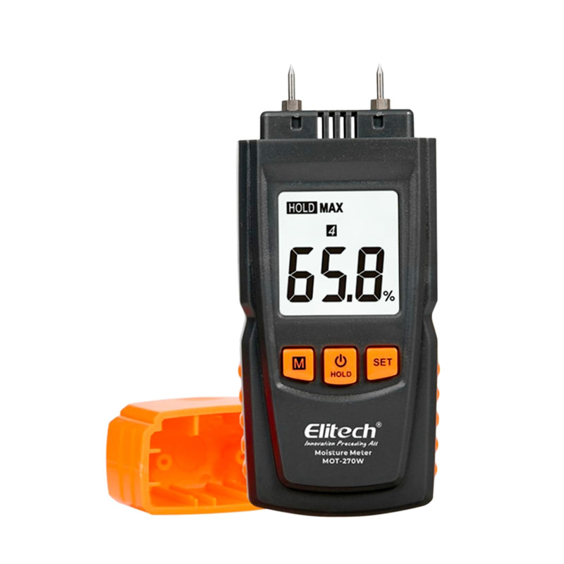 [Australia - AusPower] - Elitech Digital Moisture Meter Water Leak Detector with Pin Probes, Moisture Tester for Wood Floors Walls with 4 Wood & Material Modes, Hold Function, Max/Min Reading MOT-270W 