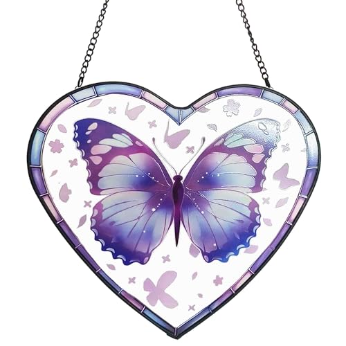 Purple Butterfly Stained Glass Window Hanging, Butterfly Suncatcher Window Wall Garden Decor with Chain, Heart Suncatchers Gift for Women, Mom, Wife, Aunt, 7.9 in Bible Verses