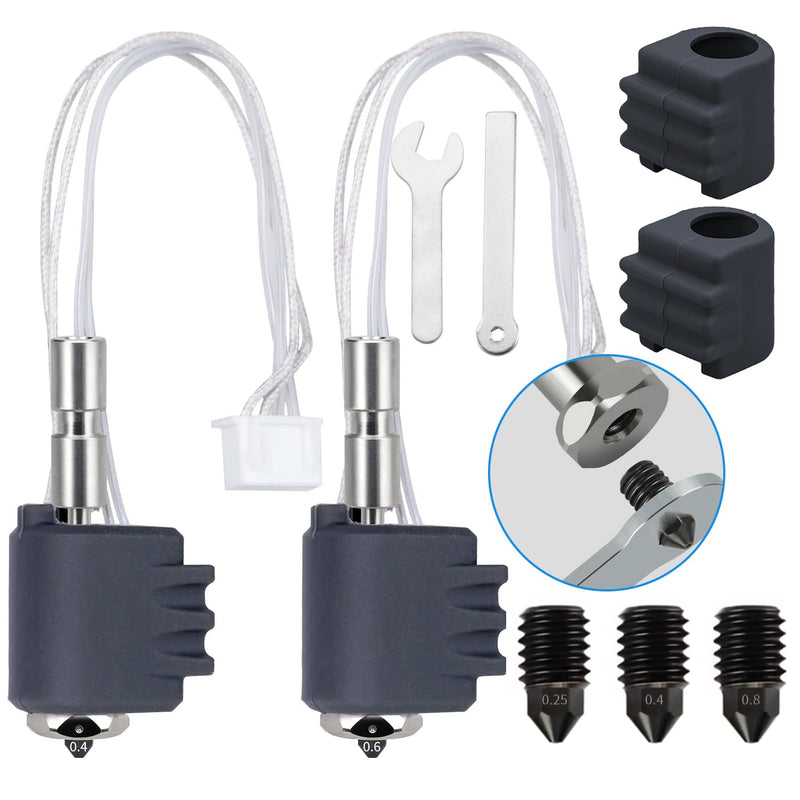 2 Packs 0.4mm 0.6mm Hotend Kit for Kobra 3 Max Combo, Titanium Alloy Throat Integrated Quick Swap Hardened Steel Nozzle with Extral 0.25mm 0.4mm 0.8mm Nozzles for Kobra 3 Max 3D Printers 2 x Titanium Alloy Hotend Kits with heating element