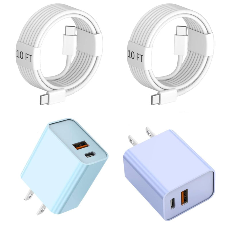 10 Foot Fast iPhone Charging Cable,2Pack 20W Dual Port USB C+A Wall Charger Block with 10FT Type C-C Charging Cable Apple Adapter for iPhone 17/17 Air/17 Pro/16/16e/16 Pro Max/15 Pro/iPad(Purple/Blue) 10FT C-C Purple/Blue 2