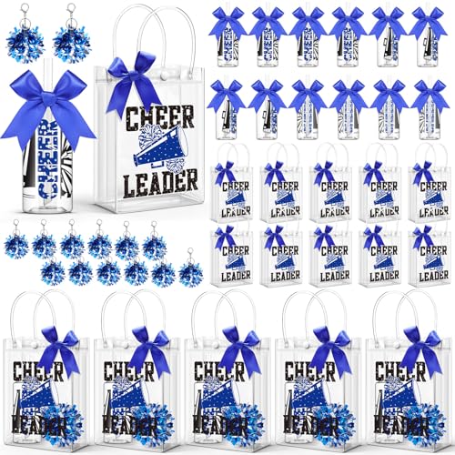 LemonRoad 36 Pcs Cheerleader Gift Bulk for Team Cheer Tumbler Cups Pom Pom Keychain Bags Bow Cheer Water Bottles with Lid and Straw for Cheerleader Women Girl Sport Party Favor Senior Night(Blue) Blue