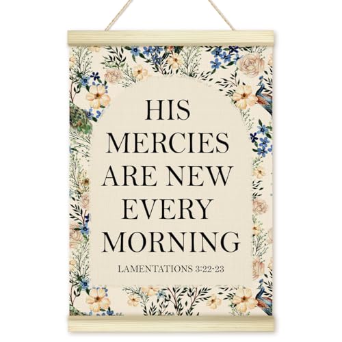 LWBEO Christian Poster Hanger Frame, Christian Bible Verse His Mercies are New Every Morning Boho Wooden Canvas Art Print, Positive Wall Art for Bedroom Living Room Office Nursery Decor 12x16in -26
