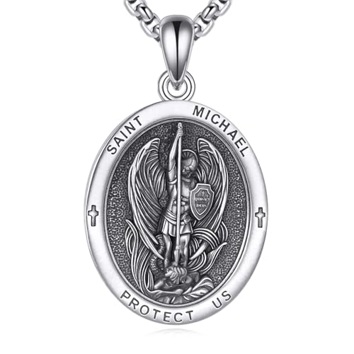 Saint Michael Necklace 925 Sterling Silver Obsidian St Archangel Michael Pendant Necklace Protection Amulet Saint Michael Jewelry for Women Men