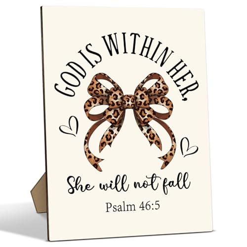 Psalm 46:5 Christian Desk Decor - God is within Her, Leopard Bow Wooden Sign Gifts for Women, Home Bedroom Girls Dorm Room Office Tabletop Decor, 8 x 11 Inches -A014 Leopard Bow-1