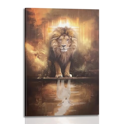 Framed Animal Print Majestic Lion Canvas Wall Art Spiritual Jungle Poster Inspirational Christian Painting Nature Wildlife Gallery Wrap Print for Home Decor 16x24 Inch Ready to Hang Lion and Lamb 16x24in
