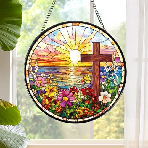 Rngmsi Cross Flower Stained Glass Sun Catcher 8 Inch Window Home Decor Religious