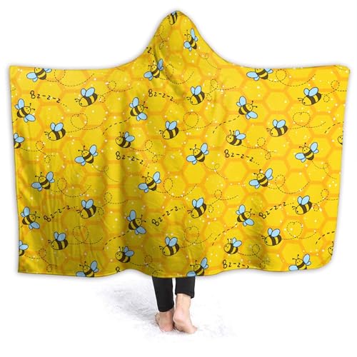 Honeycomb Cute Bee Yellow Hooded Blankets for Couch Sofa Throw Bees Wearable Blanket Super Soft Lightweight Warm Gift for Kids Women - 50"x60" for Teens Honeycomb Cute Bee Yellow