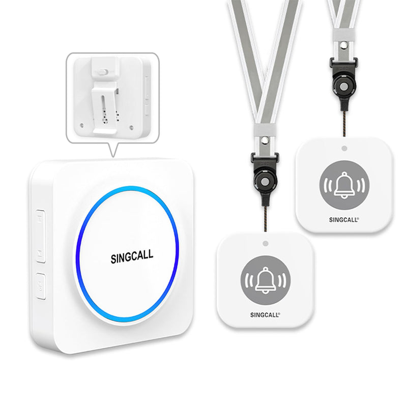 SINGCALL Wireless Portable Caregiver Pager Panic Alarm System Personal Alarm for Elderly/Kids/Pregnant/Patients 32 Chimes & 0-100dB Volume 1 Rechargeable Portable Receiver+ 2 Emergency Call Buttons 1 receiver and 2 call buttons