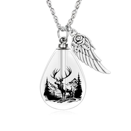 Teardrop Urn Necklace for Ashes, Resin Memorial Pendant with Keepsake Deer