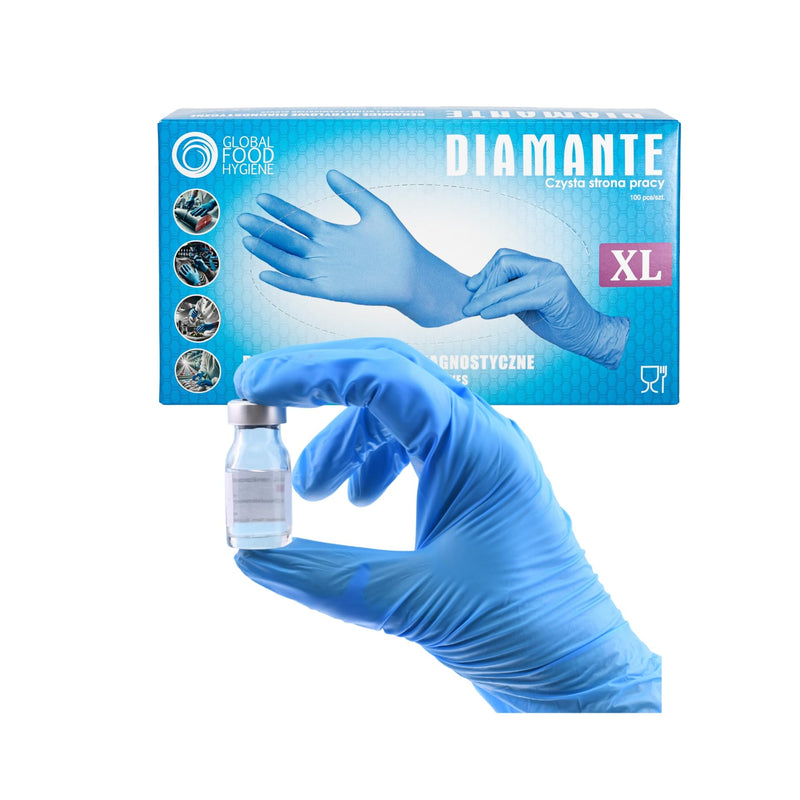 DIAMANTE Nitrile Disposable Examination Gloves, Powder-Free, 100 Pieces, Medical Device (MD), CE 2777, CAT III, Food-Safe (100, Blue, XL)
