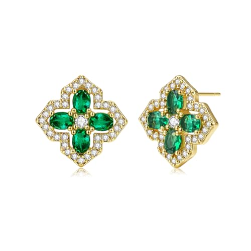 VONSSY Four Leaf Clover Necklace Earrings Shamrock Irish ST Patricks Jewelry Set Gift Green Emerald Zircon Crystal Stud 18k Gold Plated Chain Saint Pendant for Woman Wife Girlfriend ER-Gold