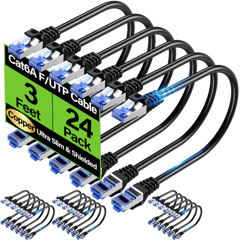 Cat6A Ethernet Cable Shielded 10Gbps 3 ft (24 Pack), Slim Shielded (F/UTP) Ethernet Cable Cat 6, Flexible 28AWG Bare Copper Cat6 Cable, Space-saving Cat 6a Network Cable for Server, Data Center, Black 3FT 24Pack