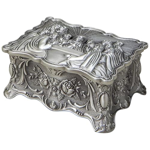 Antique Silver Catholic Gifts, Last Supper Desktop Jewelry Box for Women, Religious Rosary Keepsake Storage, Decorative Faith Inspired Present