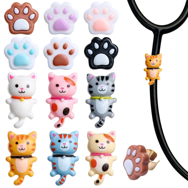 [Australia - AusPower] - 12 Pcs Stethoscope Charms for Nurses Personalized Paw Print and Cat Stethoscope Accessories Gifts for Nurse Graduates Doctor Surgeons and Medical Assistant Cat and Paw 