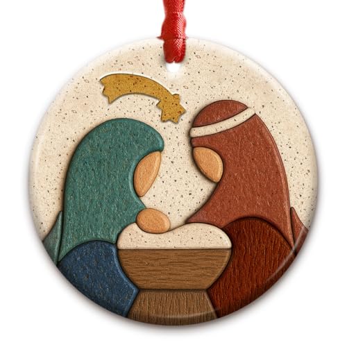 Nativity Christmas Ornament 2026 - Holy Family Ceramic Ornament with Mary, Joseph and Jesus - Religious Church Decoration, Christian Manger Scene Keepsake