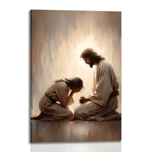 Framed Jesus Comforting Woman Canvas Print Wall Art Religious Canvas Print, Inspirational Christian Picture Spiritual Poster, Home Church Office Living Room Decor Ready to Hang 12x16 Inch Jesus heals 12x16in