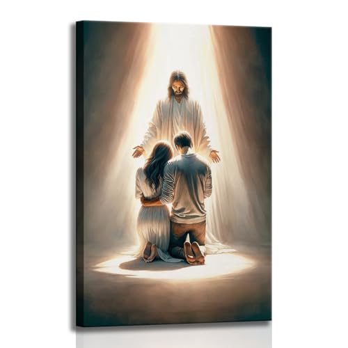 Framed Jesus canvas print wall art for couples seeking Jesus guidance in marriage Christian spiritual motivational poster living room prayer room home art decor 24x36in Ready to Hang Jesus prays