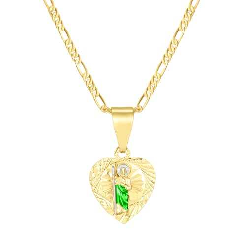 Saint Jude Heart Pendant Necklace 14K Gold Plated – 22 Inch Figaro Chain, Religious Catholic Jewelry Gift for Women & Men