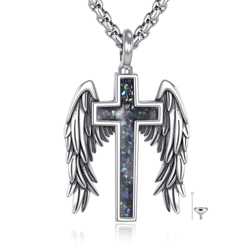 ONEFINITY Religious Urn Necklace for Ashes 925 Sterling Silver Cross/Angel Wing/Butterfly/Raphael Abalone Shell Pendant Necklace Cremation Memorial Keepsake Jewelry Gift for Ashes of Loved One Women Cross Angle Wings