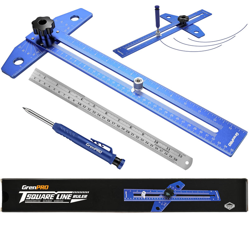 GRENPRO Woodworking Scriber Marking Line Ruler with Carpenter Pencil & Metal Ruler, Adjustable Aluminum Alloy Sliding T-Square Ruler, Measuring Angle Finder with Adjustment Scale,Drawing Aid Rule tool Blue