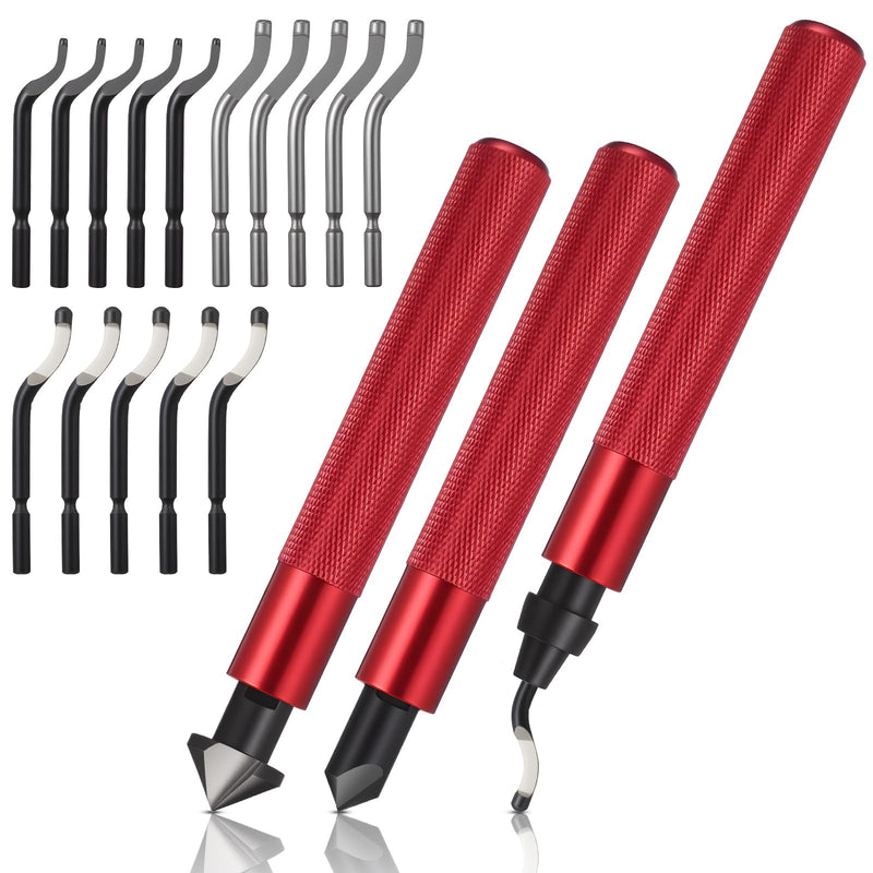 [Australia - AusPower] - 3 Pcs Hand Deburring Tool Kit 2 Countersink Hand Reamer and 1 Deburring Tool with 15 Extra High Speed Steel Swivel Blade for Metal, Resin, Aluminum, Copper, Plastic, 3D Printing, Wood(Red) Red 