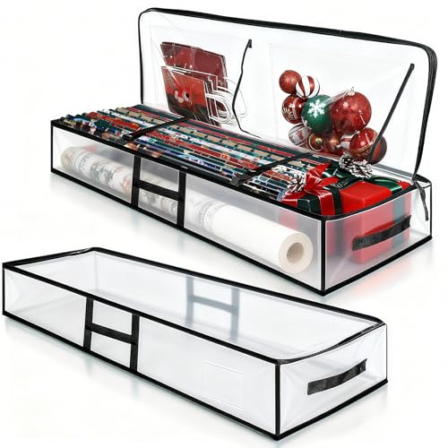 Clear Abbylike 2-pack Christmas underbed gift wrap storage organizers for easy wrapping paper organization.