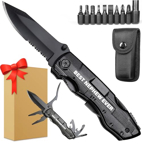 ONEAGE 20-in-1 black multitool knife set with engraved “Best Nephew” message and 9-in-1 screwdriver