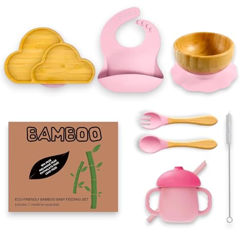 Bamboo Suction Plate and Bowl Set for Babies 7 Feeding Essentials Baby Led Weaning Supplies BPA Free Eco-Friendly (Pink) Pink