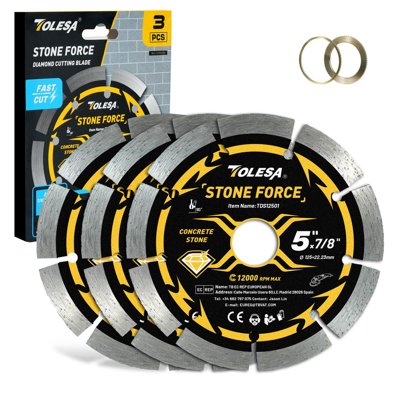 [Australia - AusPower] - TOLESA 5 Inch Segmented Diamond Blade for Angle Grinder, Diamond Cutting Wheel with 7/8" Arbor, 20mm & 16mm Adapter Ring, 5" Stone Blade Fast Cut Masonry, Concrete, Brick (3-Pack) 