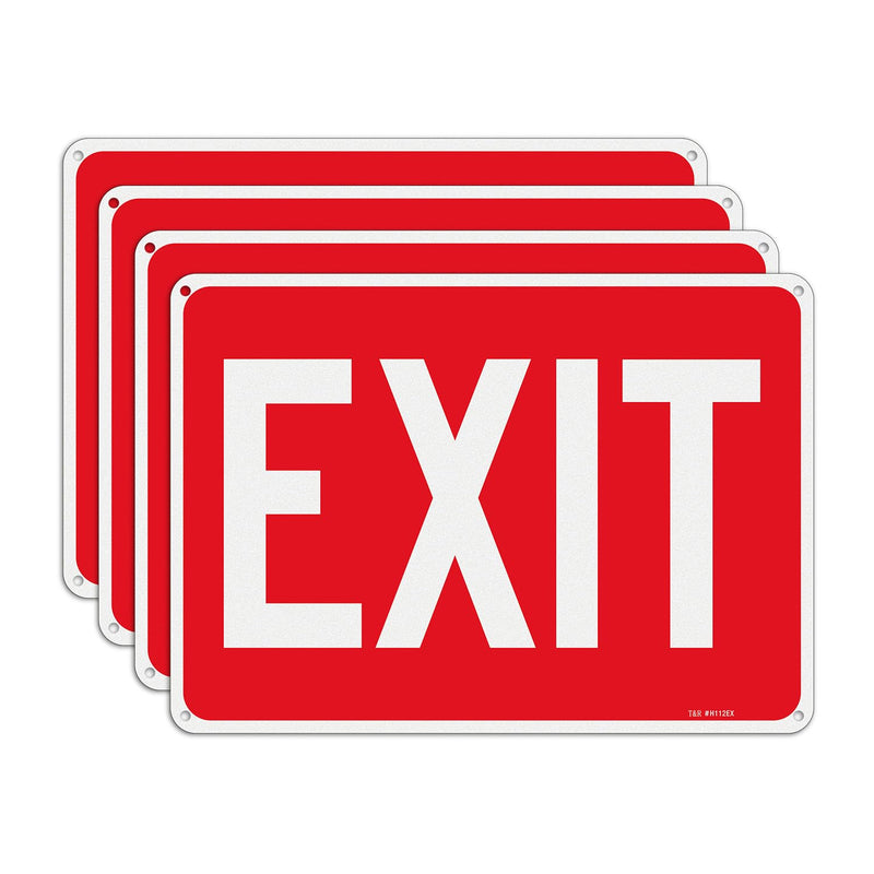 T&R Large Exit Sign - 4 Pack - 14 x 10 Inches Rust Free .040 Aluminum Reflective - UV Protected, Waterproof and Fade Resistant - 4 Pre-drilled Holes Red -14" x 10" - 4 Pack