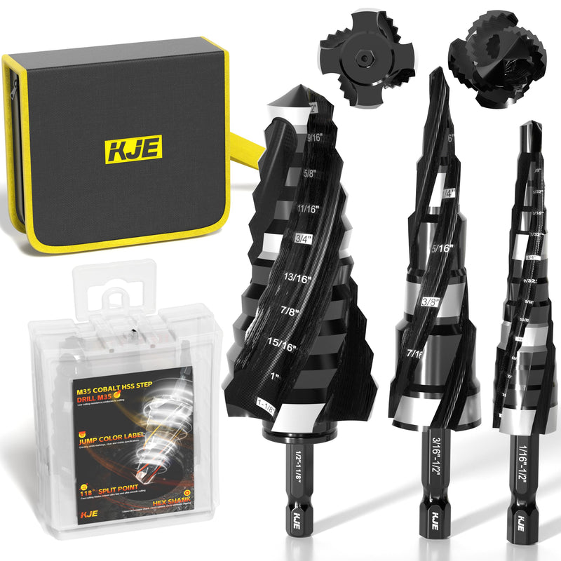 KJE 3PCS SAE 1/8" to 1-1/8" M35 Cobalt Step Drill Bit Set, 1/4" Hex Shank Metal Cutting Unibit Step Drill Bits(TiAlN Coated), Spiral Cone Drill for Stainless Steel, Sheet Metal, Wood & Plastic