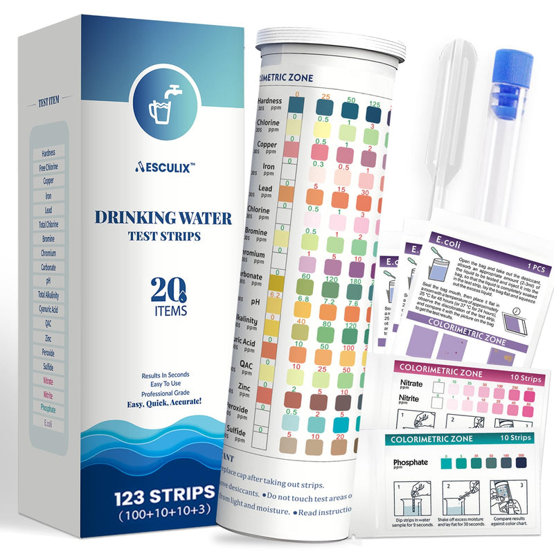 20 in 1 Water Tester for Drinking Water, Well Water Testing Kit, Suitable for Household Tap Water, Natural Water Quality Testing, Can Detect Water Hardness, Chlorine, Lead, Ph, Etc. (123 Test Strips) 20 in 1