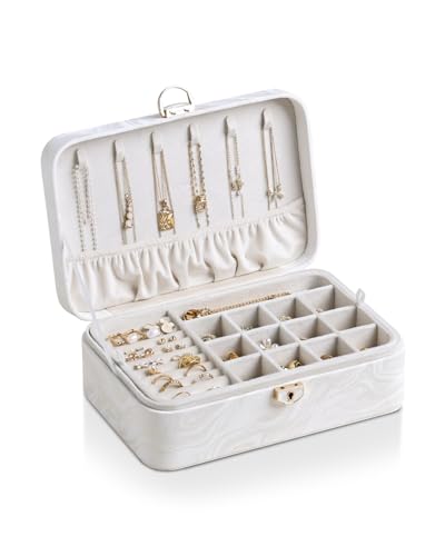 CASEGRACE 2-Layer Jewelry Box with Removable Tray, Portable Jewelry Organizer for Earrings Necklaces Rings, Gift for Women Girls on Birthday Valentine's Day (Fluorescent white) Fluorescent white