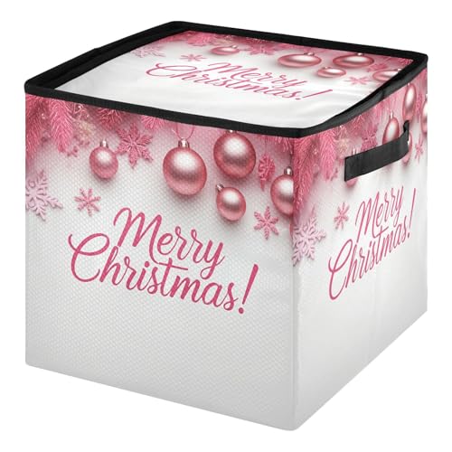 Merry Christmas Pink Christmas Ornament Storage Box with Dividers, Holds up to 64-3" Holiday Ornaments, Collapsible Xmas Decoration Container with Lid & Handles, 13x13 Inch