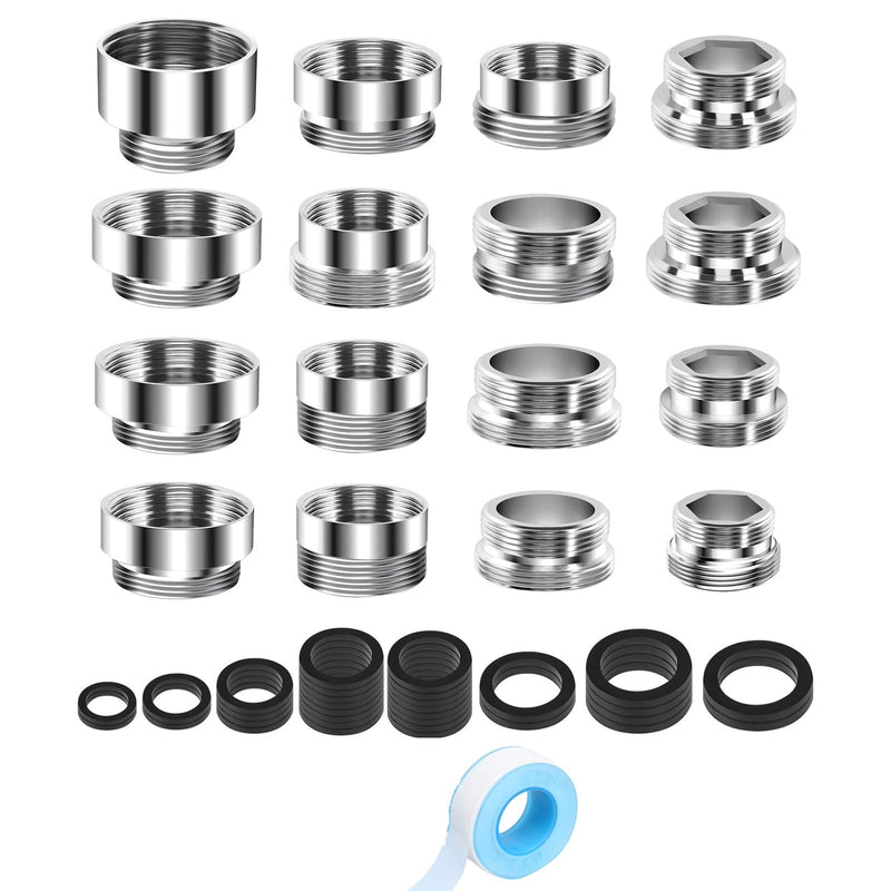 Tap Thread Adapter Set, 16 Pieces, Brass Adapter for Male Thread, 16-28 mm OD to 22 mm OD, G1/2 to G3/4 Connections