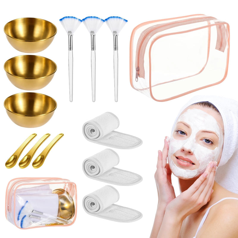 [Australia - AusPower] - 13 PCS Esthetician Supplies Set, Stainless Steel Golden Mixing Bowls Spoons, Facial Fan Brushes, Nylon Fastener Headbands, Portable Waterproof Bag for Spa Salon Travel 