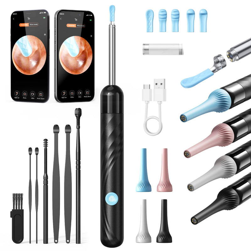 Qimic Visual Ear Cleaner with WiFi, IP67 Waterproof and 360° Wide Angle Camera with 6 LEDs for Adults and Children, Black