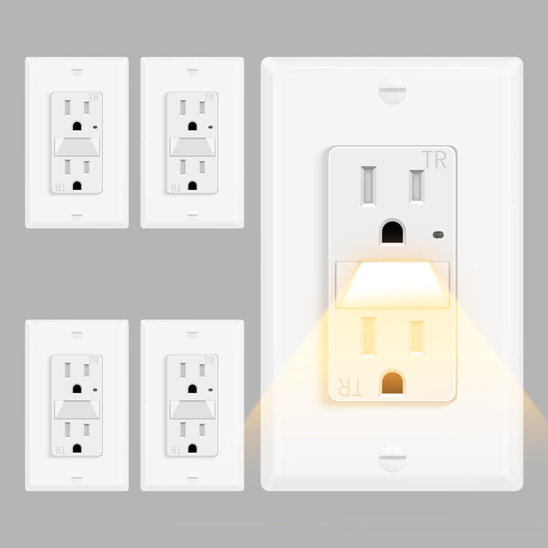 5 Pack 15A Outlet with Night Light 2-in-1, Auto Dusk to Dawn TR ETL | Tamper-Resistant Wall Outlet with Auto LED Night Light, 0.1W Energy Efficient for Bedroom Hallway Kitchen Bathroom 5