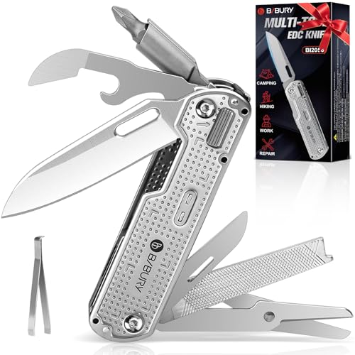 BIBURY 13-in-1 multitool pocket knife with clip, large scissors, and locking tools
