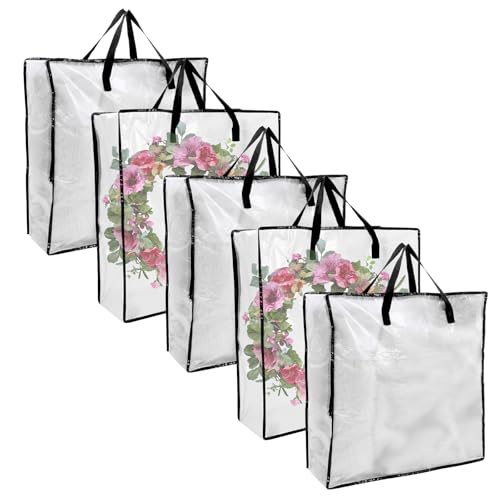 5 Pack Moving Bags, Wreath Storage Bag, Garland Container, Clear Storage Bags with Handles and Zippers Moving Bag for College Carrying, Bedding, Gift Organizer, Under the Bed Storages