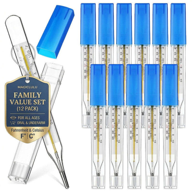 MAGICLULU 12Pcs Glass Oral Temperature for Adults Fever, Dual Scale ℃ & ℉ Traditional Underarm Body Temperature with Case, Precise Measurement for Kids Babies Elderly Home Family Clinics