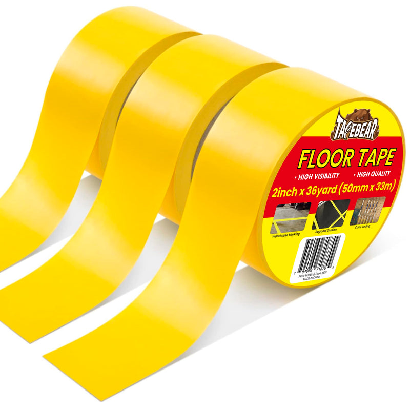 TAPEBEAR Floor Tape Yellow Vinyl Tape 2" x 36yds, Floor Caution Marking Dance Splicing Tape Safety Warning Stripe Abrasion-Proof Waterproof for Gym, Warehouse, Traffic Signage, Color Coding, 3Rolls 3Rolls/2" x 36Yards