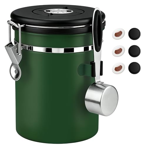 ShanSon Coffee Canister Airtight, Stainless Steel Bean Storage Container with Date Tracker & Scoop, Grounds Sugar Flour Tea Cereal Fits Kitchen Pantry, Ideal Gift for Coffee Lovers,22oz, Dark Green 22oz