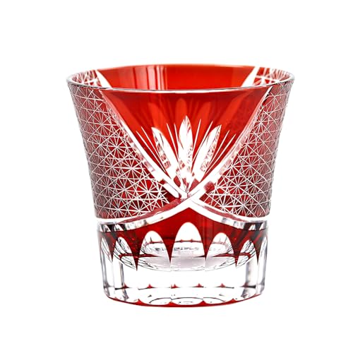 JINZHI Edo Kiriko Japanese Hand Cut Crystal Whiskey Glass - Colorful Floral Design - Old Fashioned Tumbler - Premium Crafted Art Glass - Gift Box (Red) Red