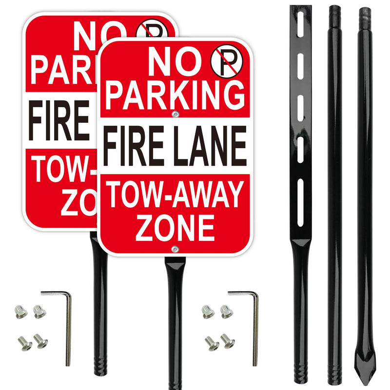 No Parking Fire Lane Sign, with 54 Inch Black Metal Stakes, 10 x 14 Inches Reflective Sheeting Rust Free Aluminum, 2 Pack, Indoor/Outdoor Use Red - 2 Pack - with 54" Metal Stakes