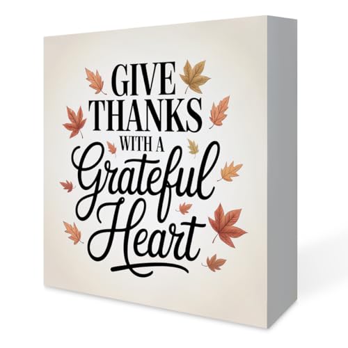 Thanksgiving Decor for Home, In Everything Give Thanks Maple Leaf Wooden Decor Sign, Home Office Desk Shelf Cubicle Decorations 5 x 5 inch