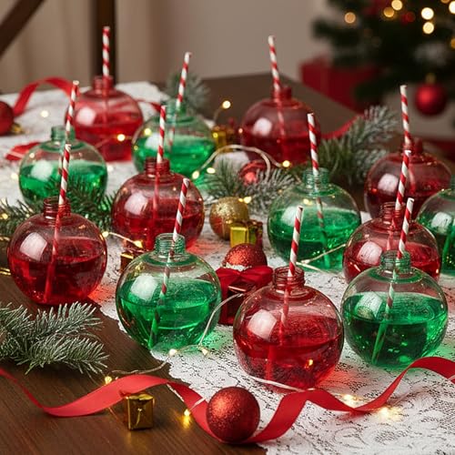 Potchen 24-set Christmas ornament cups with straws in festive colors, 250 ml capacity, ideal for holiday celebrations.