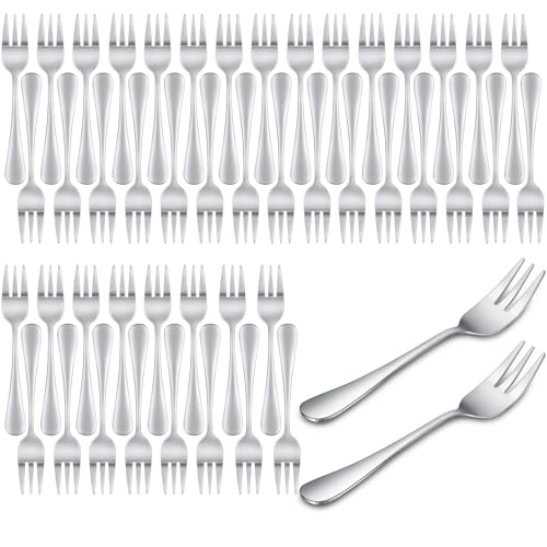 Zubebe 48 Pcs Oyster Fork Appetizer Seafood Forks Portable Stainless Steel dinnerware 3 Prong Fruit Small Cocktail Salad Dessert tableware for Tasting Crab Escargot Party Travel, 5.5 Inch Silver