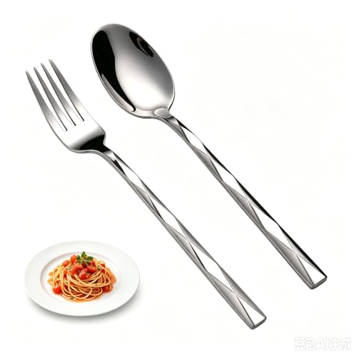 12-Piece Stainless Steel Spoon and Fork Set for Everyday Home Use, Diamond Cut Mirror Polished Heavy Duty Dinnerware, 6x8" Large Forks & Spoons, Dishwasher Safe Flatware Set for Kitchen Restaurant 12PCS (6 Spoons + 6 Forks) 8.26 Inch