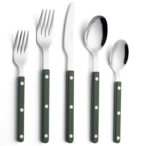 ANNOVA Silverware Set, Retro/Rivet Colorful Stainless Steel Tableware Kitchen Flatware Set Utensils, Includes Dinner Knives, Forks, Spoons, Salad Forks & Dessert Spoons (Dark Green, 10 Pieces) Dark Green